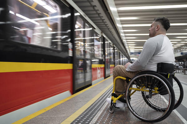 Young man in sports wheelchair on train platform